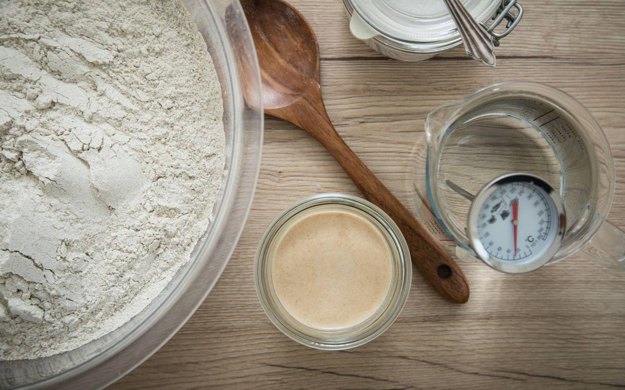 Zutaten für Sauerteigbrot - Mehl, Sauerteig, Wasser