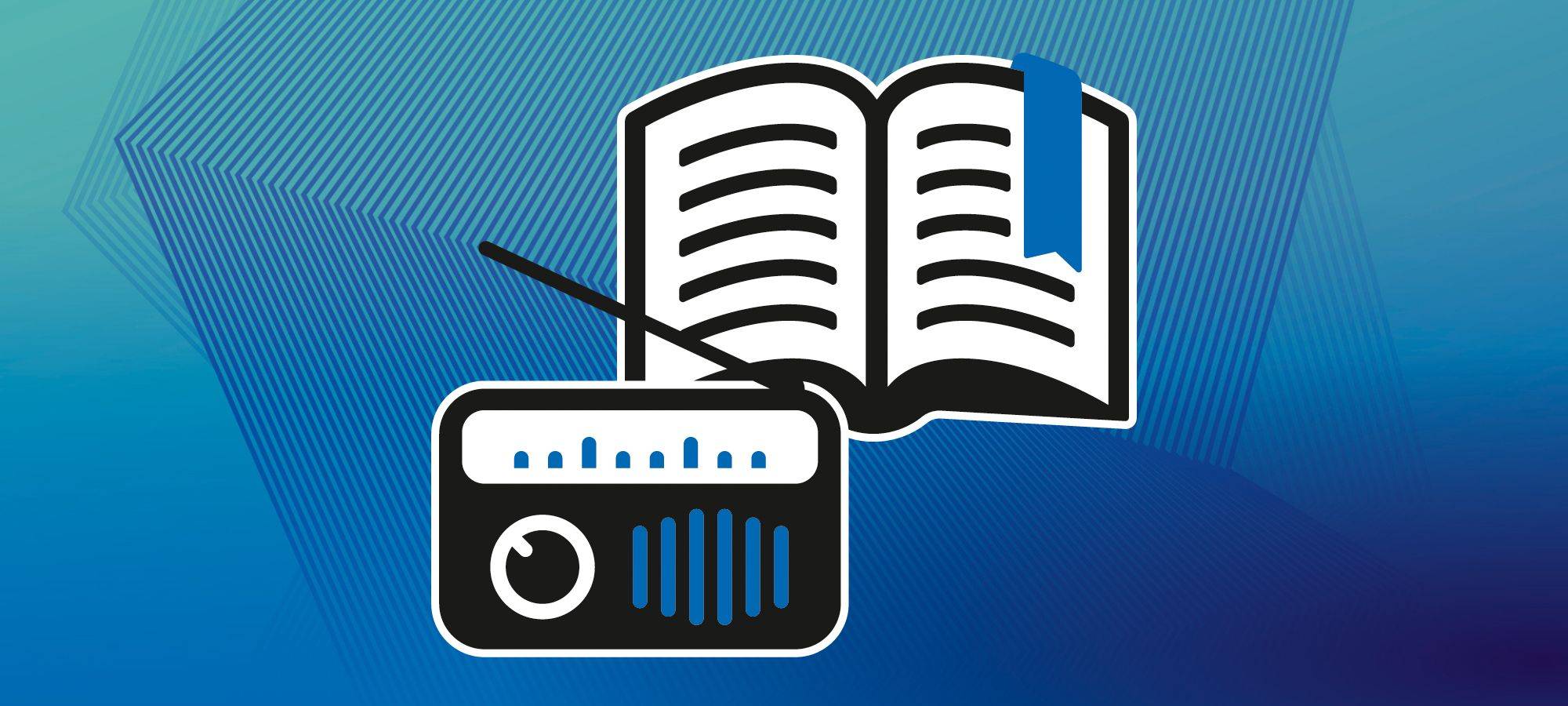 Eine gezeichnete Darstellung eines großen, blauen Kassettenradios mit zwei großen Lautsprechern links und rechts sowie mehreren kleineren Lautsprechern und Bedienelementen. 