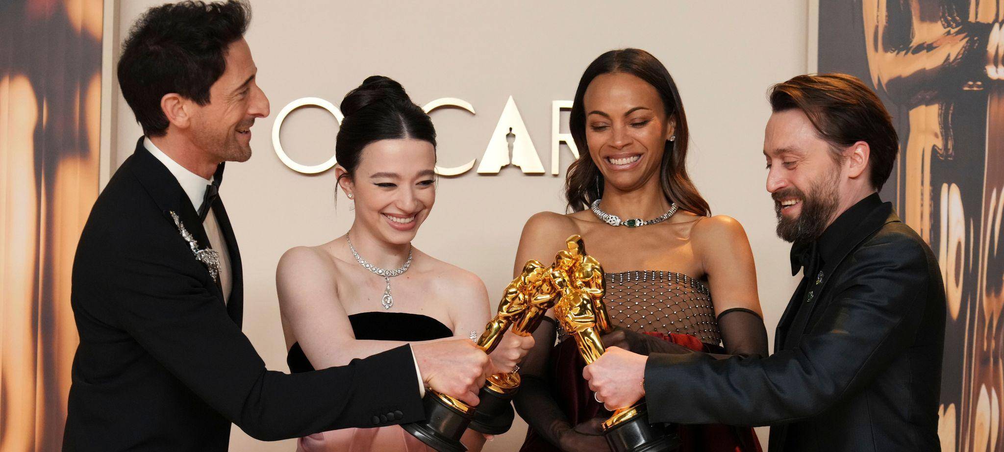 Adrien Brody (l-r), Mikey Madison, Zoe Saldana, Kieran Culkin